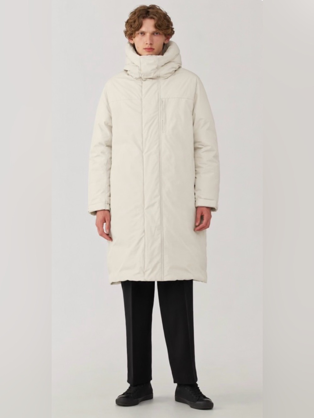 MUJI Labo Down Filled Men’s Long Hooded Puffer Coat Parka Off White NWT Casual